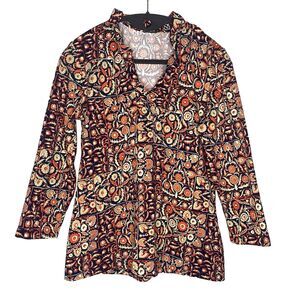 J McLaughlin Floral Blouse Ruffle V-Neck 3/4 Sleeve Stretch Womens M Blue Orange